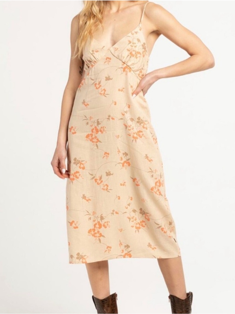 BRIXTON Floral Slip Dress - Cream with Coral Floral Print